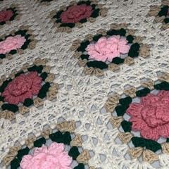 Crochet 3D Rose Afghan Throw Pink Floral Granny Square 57” x 36”