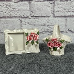 Ceramic Lusterware Mini Picture Frame Basket Set White Pink Rose Floral Shabby