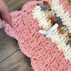 Vtg Hand Crochet Blanket Afghan Throw Pink Gray Brown Multicolor 59”x49”Signed