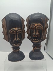 Pair of Vintage Carved Wooden Head Ghana African Tribal Art 13″