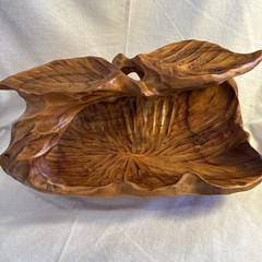 Vintage Midcentury Brutalist Hand Carved Burl Wood Bowl With Leaves Two Tier