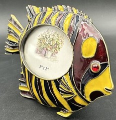 Enamel Jeweled Fish Oval Photo Picture Frame Colorful Tropical Salt Water
