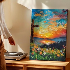 Wall Art Cross Sunset Landscape Canvas Print Colorful Floral Christian Decor
