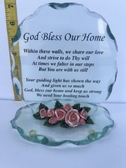 God Bless Our Home Glass Freestanding Decorative Plaque Floral Scalloped 7.75in