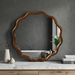 36 in Wavy Mirror, Round Solid Wood Frame Decorative Mirror For Bathroom Hotel