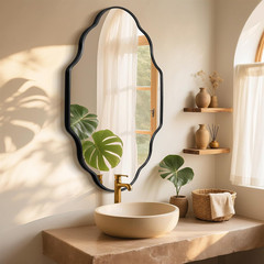 Black Scalloped Bathroom Mirror, Irregular Wall Mirror with Brushed Metal Frame,