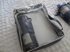 Faribo SPORTSMAN PAK-A-ROBE Blue Plaid FRINGED Acrylic THROW & THERMOS SET