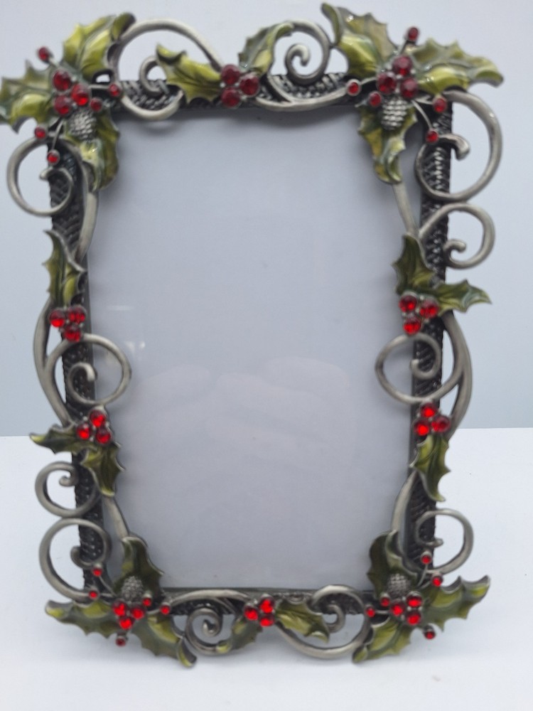 Picture Frame Holly Berry 5 x 7 Jeweled Red Stones Christmas free standing