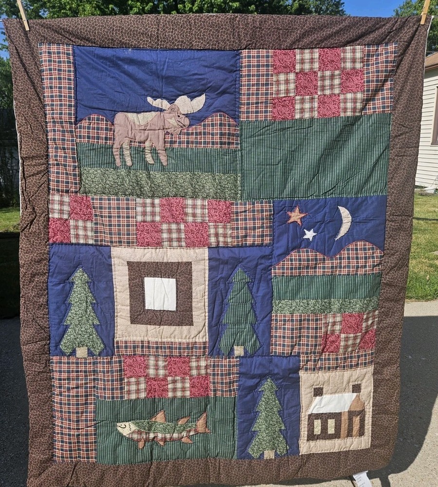 Rustic Cabin Lodge Patchwork Quilt Throw Moose Fish Pine Tree Applique 50×58