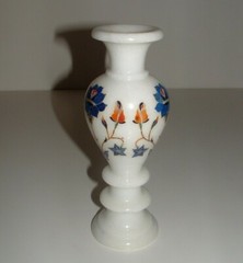 Floral Design Inlay White Marble Type Bud Vase, 8″ Tall, Age Unknown, pre-owned