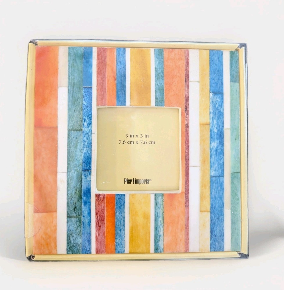 NEW Pier 1 Imports Colorful Wood Mosaic 3”x3” Picture Frame Vertical Photo Desk