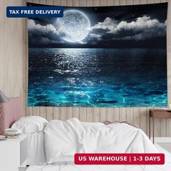 LB Moon Over Ocean Tapestry, Night Sky Tapestry Wall Hanging, 3D Fantasy Psyched
