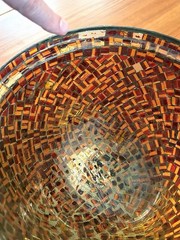 Red/Gold Mosaic Hand Placed Glass Tiles Decorative Bowl Wrought Iron Stand NICE!