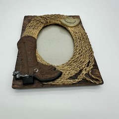 Western Cowboy Boot Hat Rope 3D Resin Picture Frame Rustic Decor Brown
