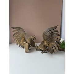 Vintage Solid Brass Fighting Roosters Figurine Sculpture | Dark Patina MCM Brass
