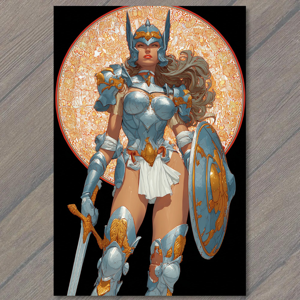 Art Print Armored Goddess Warrior Shield Sword Celestial Halo Power Mythic Valor