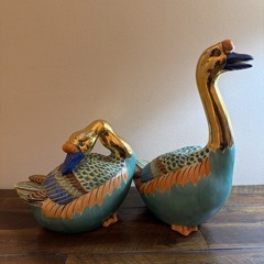 2 Vintage Geese Hand Painted Enamel Gold Luster Asian Japanese Decor Colorful