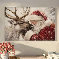 Vintage Santa Kiss Reindeer Canvas Wall Art Rustic Winter Portrait Christmas