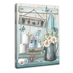 Framed Farmhouse Bathroom Wall Art Decor, Rustic Teal Flower and Butterfly Pi