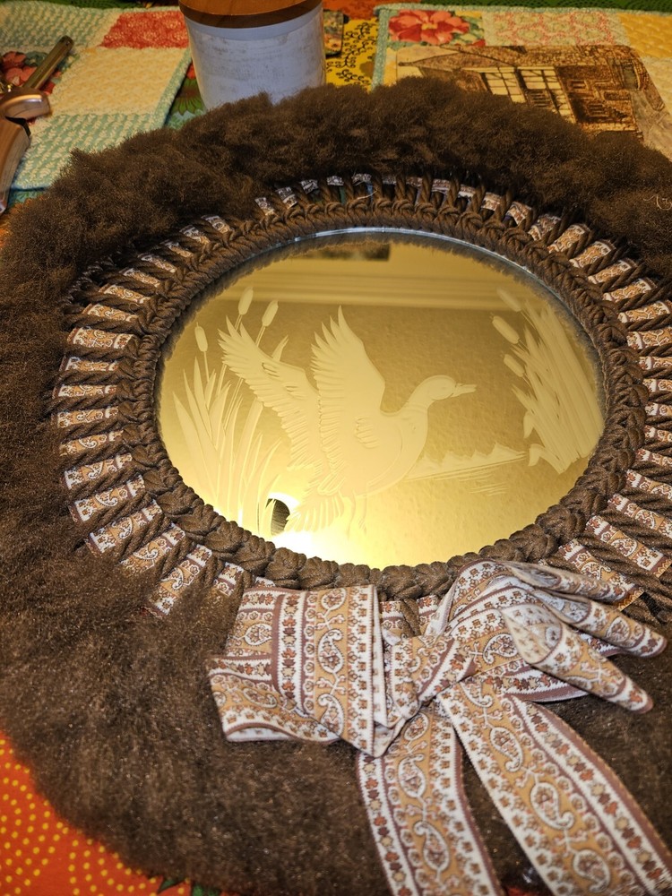 VTG 70s OOAK Custom Made Macrame Etched Glass Mirror With Fuzzy Trim US Made 15″