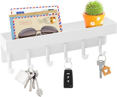 Key Holder Wall Mount, Compact Adhesive Key Rack with Tray, 6 Hooks, 2 Mount Opt