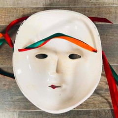 VTG 1980s Ceramic Pierrot Clown Wall Mask Harlequin Jester Ribbon Decor Theater