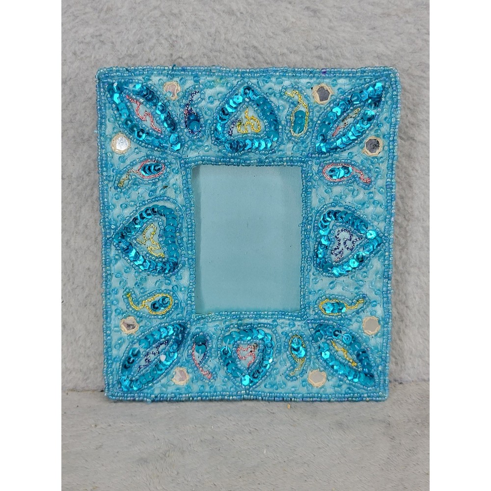 Six Flags Turquoise Beaded Sequin Paisley Heart Photo Frame Made in India 5×6