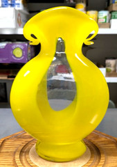 UNIQUE BRIGHT YELLOW GLASS VASE 10″ X 7″ X 2″ WITH CLEAR GLASS WINDOW~Unmarked