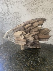 Driftwood Fish Sculpture Handmade Decor 13.5in. tall. 19in. long