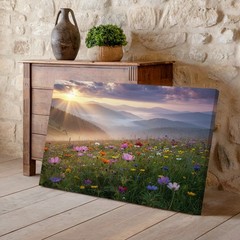 Wildflower field mountain landscape canvas wall art nature sunrise decor print