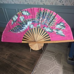 Vintage Hand Painted Peacock Wall Fan Bamboo Pink Floral Folding Asian Decor