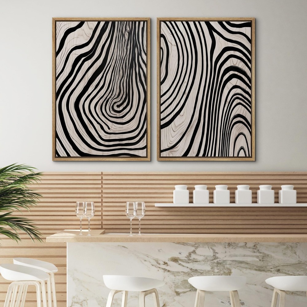 Wall26 Geometric Spiral Tree Rings Abstract Modern Framed Canvas Print Set of 2