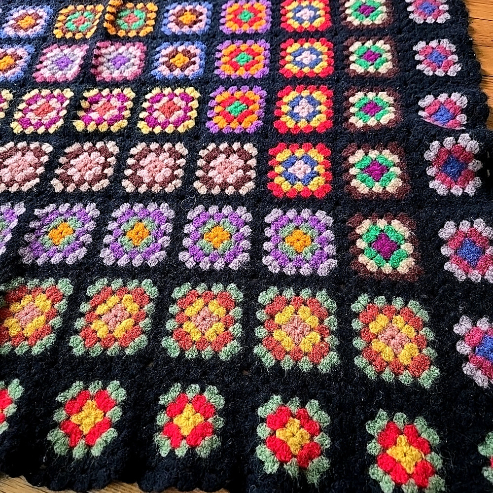 Granny Square Vintage Afghan Hand Crochet Multi-Color Blanket Roseanne 41×60