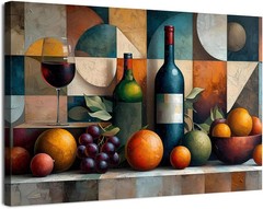 Abstract Kitchen Wall Decor Geometric Wall Art Red Wine Glass Fruits Canvas Prin