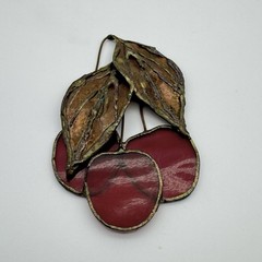 Bunch Of 3 Stained Glass Cherries Copper Leaves Hanging Suncatcher 4.5” Tall