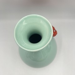 ANTHROPOLOGIE 3D CERAMIC BLUE/GREEN VASE RED BLOOM CHRYSANTHEMUM FLOWER RARE
