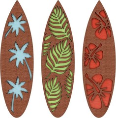 Rustic Beach 3 Pcs Surfboard Decorations – Hibiscus and Palm Frond Art