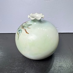 Belleek Willets Porcelain Ball Vase Pink Roses Green Wash Ruffled Rim