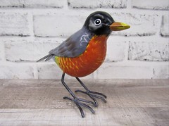 Small Rustic 8″ Long Summer American Robin Red Breast Metal Tin Song Bird Figure
