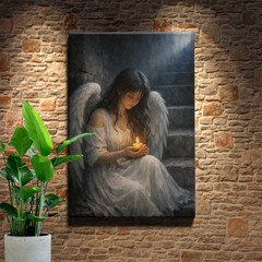 Ethereal Angel Lady White Dress Feathered Wings Framed Canvas Wall Art