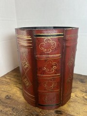 Vintage Faux Leather Wastebasket Planter Red Gold Wood Decor Office Study Bin