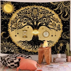 FENDROM Tree of Life Tapestry Wall Hanging Sun Moon Stars 59″L x 39″W Beige
