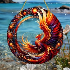 Acrylic Phoenix Round Hanging Decor Colorful Mythical Bird Art for Home Window