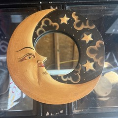 Vintage 90s Celestial Moon Stars Mirror 8in Hand Painted Whimsygoth Black Clouds