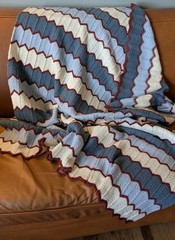 Vtg Handknit Handmade Chevron Afghan Throw Blue Cream Rust Wool Blend 52×68