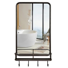 Wall Mounted Bathroom Mirror Rectangle Vanity Mirror with Shelf & 4 Hooks Black
