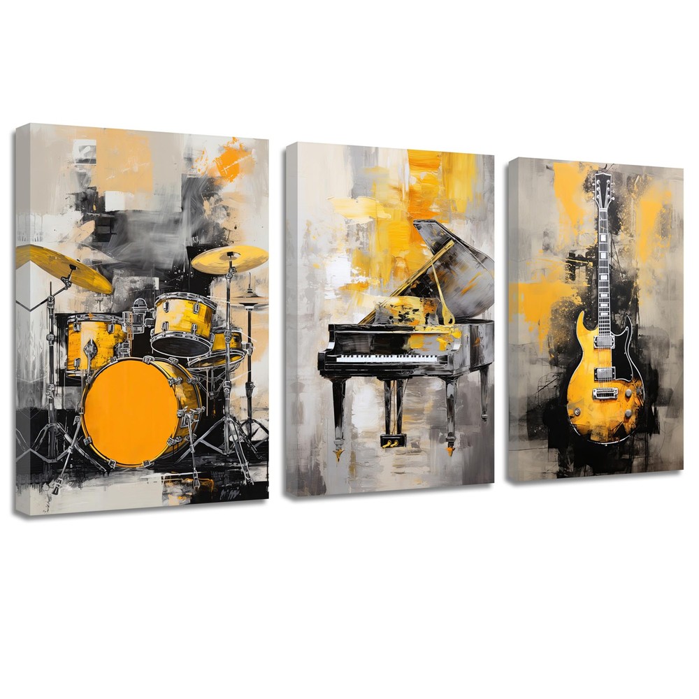 Canvas Wall Art for Music Lover – 3 PCS Black & Gold Guitar, Piano & Drum Set…
