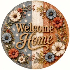 15″ Round Welcome Home Wood Sign Patriotic Americana Stars Stripes Wall Art Deco