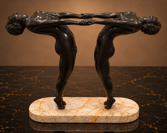 THEODORE ALEXANDER OPPOSING ART DECO ATHLETES CAST BRASS MARBLE SCULPTURE STATUE