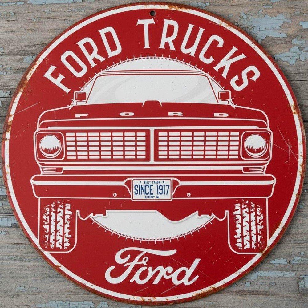 Ford Trucks 12″ Diameter Vintage Novelty Metal Sign Made In USA